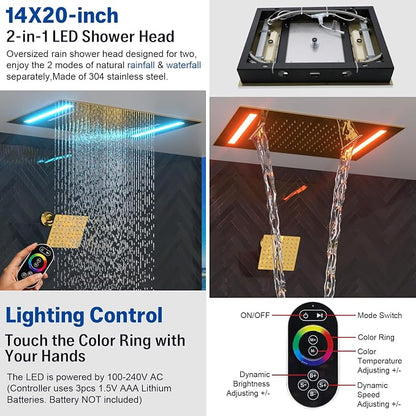 ENGA Bright Gold Dual Rain Shower Head System, 2 In 1 Functions Ceiling Mount 14x20inch LED Shower Head with 6 Inch Shower Head, Rainfall Waterfall Shower Faucet Set