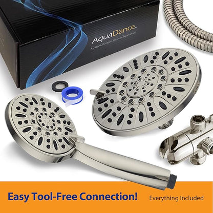 AquaDance 7" Premium High Pressure 3-way Rain & Handheld Shower Head Combo | Enjoy Dual 6-Setting Luxury Shower Heads Separately or Together for the Best of Both Worlds! Stainless Steel Hose - Nickel