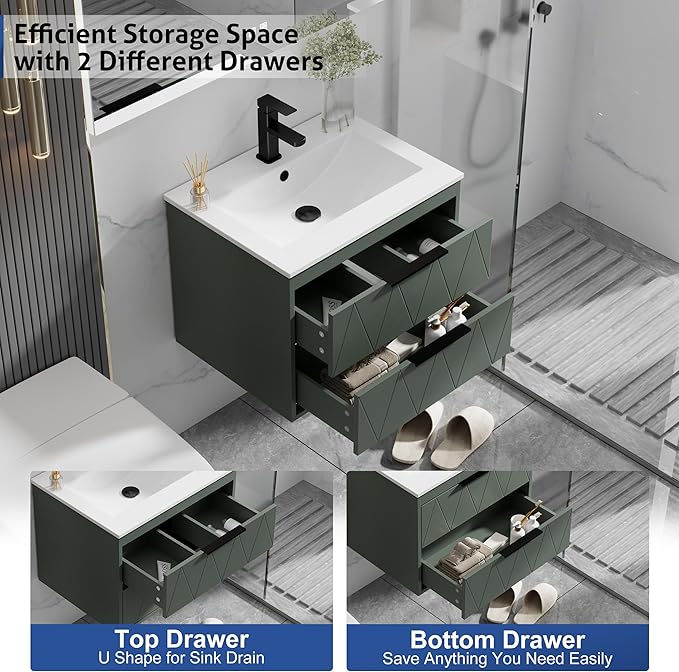 eclife 24" Bathroom Vanities Cabinet with Sink Combo, Wall Mounted Floating Cabinet W/Decor Line, Soft-Close System, 2 Extra Big Drawers, Matte Black Faucet, Gray Green