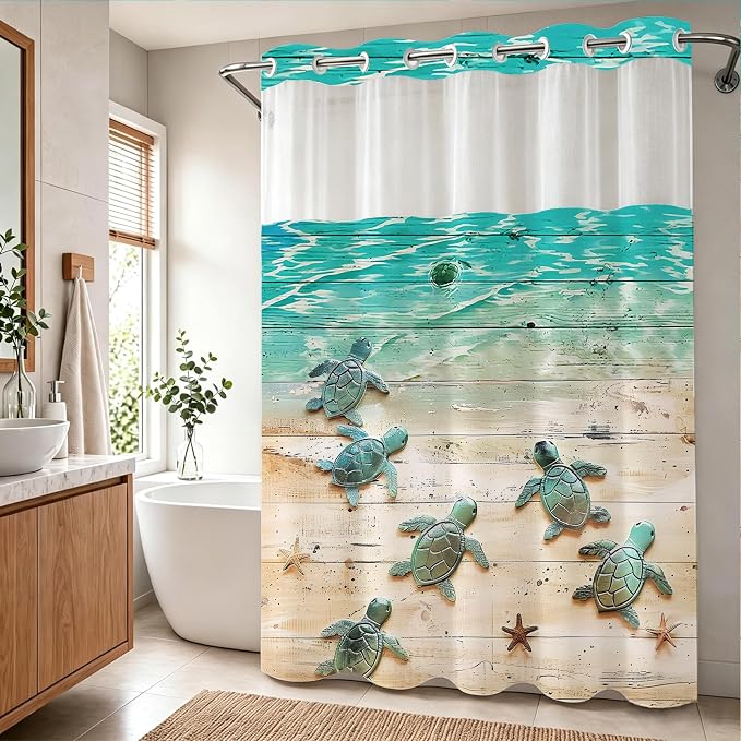 Nautical Green Beach Sea Turtle Theme No Hook Waffle Weave Shower Curtain with Snap in Liner Nautical Blue Bathroom Ocean Set 72 W x 74 H Inch Blue