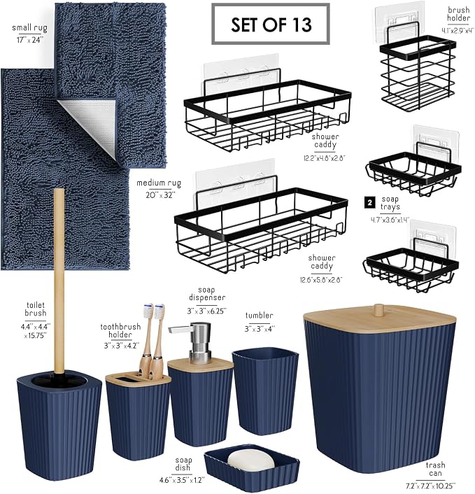 Clara Clark Bathroom Set - Navy Blue Bathroom Accessories Set, 6PC Bathroom Accessory Set, Bathroom Sets with Bathroom Rugs, Adhesive Corner Shower Caddy Hanging, Toilet Brush & Trash Can