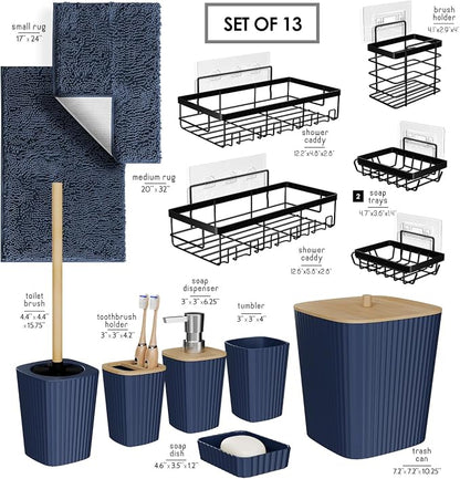 Clara Clark Bathroom Set - Navy Blue Bathroom Accessories Set, 6PC Bathroom Accessory Set, Bathroom Sets with Bathroom Rugs, Adhesive Corner Shower Caddy Hanging, Toilet Brush & Trash Can