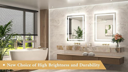 TETOTE LED Bathroom Mirror with Lights 28 x 36 Frontlit and Backlit Light up Mirror, Brighter Lighted Bathroom Mirror for Wall, 3-Color Anti Fog Mirror, Waterproof, Shatterproof Tempered Glass