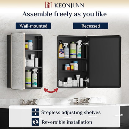 Keonjinn 60 x 32 Inch Large Brushed Nickel Medicine Cabinets, Recessed Bathroom Medicine Cabinet, Silver Stainless Steel Framed, Sturdy & Heavy, Adjustable Shelves, 3 Doors, DTC Hinges, Soft Closing