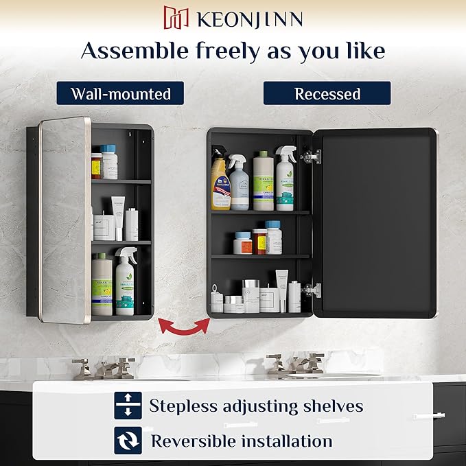 Keonjinn 16"x24" Recessed Medicine Cabinet with Mirror, Brushed Nickel | Stainless Steel Framed, Adjustable Shelves, Recessed or Wall Mount, Sturdy, Rectangle Rounded Corner, Silver Medicine Cabinet