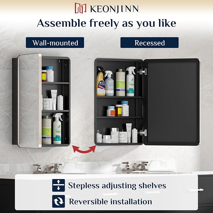 Keonjinn 24"x32" Brushed Nickel Medicine Cabinet with Mirror, Soft Closing | Stainless Steel Framed, Adjustable Shelves, Wall-Mount/Recessed, DTC Hinges, Silver Bathroom Mirror with Storage, Modern