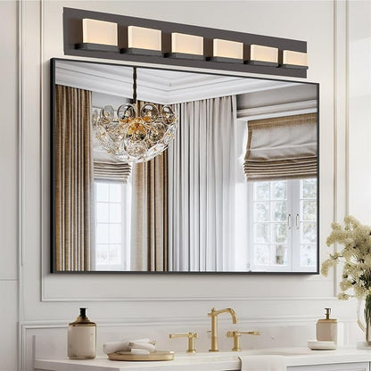 Kira Home Everett 48" Modern Integrated LED 6-Light Bathroom Vanity Light | 60W 3000K Warm White Light, Minimalist Bathroom Wall Sconce with Frosted Acrylic Blocks, Oil Rubbed Bronze Finish