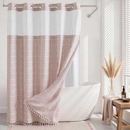 River Dream Farmhouse No Hooks Shower Curtain with Snap-in Liner,Pink,71x74 | Snap on Fabric Liner,Heavy Duty,Quick Dry,Mesh Top Window,With Bottom Magnets,Washable,with Tassels,Standard Size