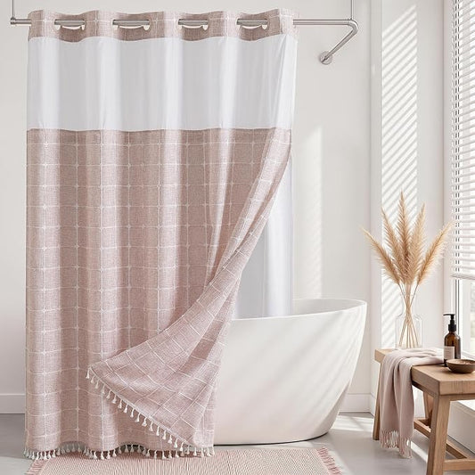 River Dream Farmhouse No Hooks Shower Curtain with Snap-in Liner,Pink,71x74 | Snap on Fabric Liner,Heavy Duty,Quick Dry,Mesh Top Window,With Bottom Magnets,Washable,with Tassels,Standard Size