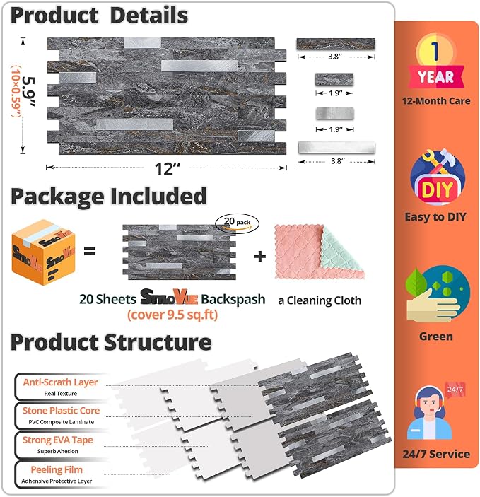 StyloVue 20 Sheets Peel and Stick Backsplash for Kitchen, Gray-Gold Stone with Metal Silver Look Stick on Tile Upgrade Your Kitchen Backsplash, RV, Fireplace