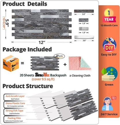 StyloVue 20 Sheets Peel and Stick Backsplash for Kitchen, Gray-Gold Stone with Metal Silver Look Stick on Tile Upgrade Your Kitchen Backsplash, RV, Fireplace