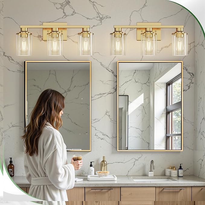 DORESshop 20 Inch Bathroom Light Fixtures, 3-Light Brass Bathroom Lighting Fixtures Over Mirror with Clear Glass Shade, Vanity Lights for Living Room Bedroom, ETL Listed