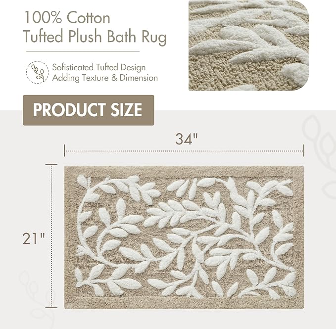 Madison Park Serene 100% Cotton Tufted Bathroom Rug-High & Low Tufting Floral Leaf Design, Quality Luxurious Plush Medium Pile Bath Mat Absorbent, Quick Dry, Shower Room Décor, 21x34 Taupe(Pack of 4)