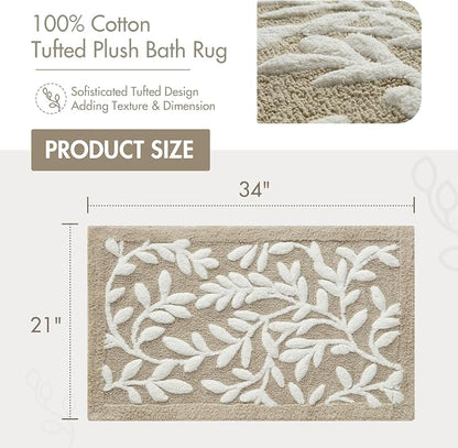 Madison Park Serene 100% Cotton Tufted Bathroom Rug-High & Low Tufting Floral Leaf Design, Quality Luxurious Plush Medium Pile Bath Mat Absorbent, Quick Dry, Shower Room Décor, 21x34 Taupe(Pack of 4)
