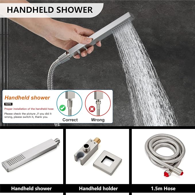 Midanya Rain Shower System with Tub Spout,10 Inch Brushed Nickel | with Valve&Trim Kit,All Metal,Square Rainfall Head,Handheld Sprayer,Waterfall Spout,Wall Mount,Bathroom Shower Tub Faucet Set