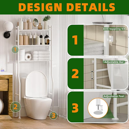 3-Tier Over Toilet Storage with Anti-Tilt Safety System - 150lb Total Capacity Metal Bathroom Shelves Including Paper Holder & 4 Hooks, Space Saving Above Commode Organizer (64" H, White)