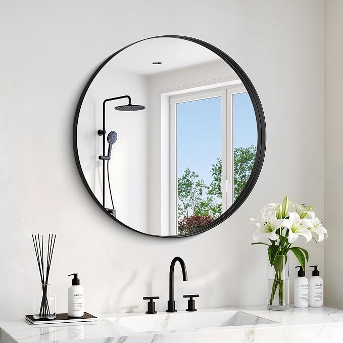 Black Round Mirror 22 inch Deep Frame Circle Mirror, Metal Framed Bathroom Mirror, Round Vanity Mirror, Circle Mirrors for Wall Entryway Bedroom Living Room Hallway