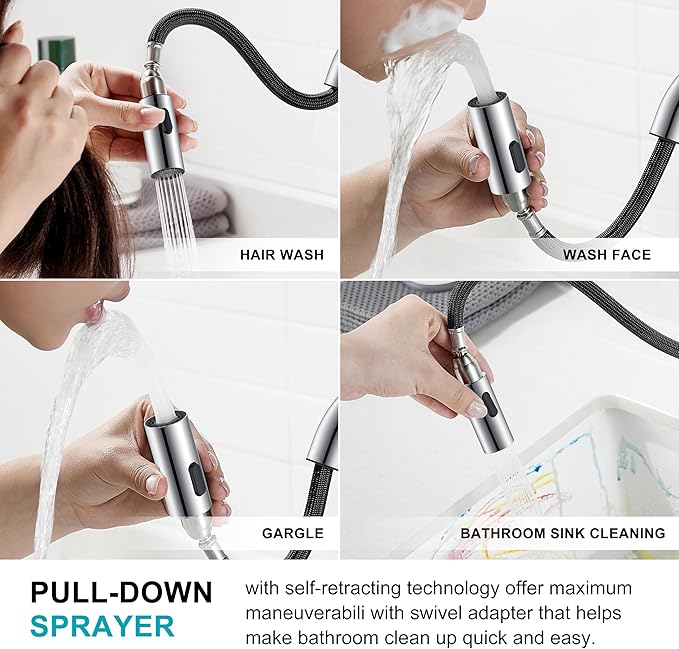 KENES Pull Out Bathroom Sink Faucet, Polished Chrome Single Handle Bathroom Faucet with Pull Down Sprayer, Vanity Bar Faucet with Pop Up Drain & Deck Plate, KE-9065B-5