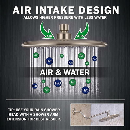 Waterfall Showerhead - 2.5 GPM - Brushed Nickel | 9 Inch Large Overhead Rain Shower Head With Self-Clean Nozzles, Adjustable Brass Ball Joint, High Flow Best With Extender Arm