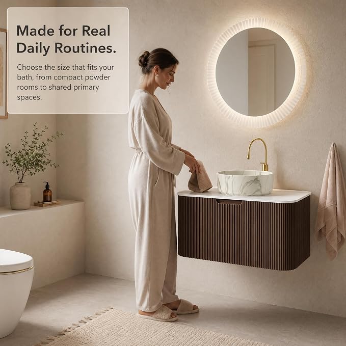 36 Inch Bathroom Vanity with Sink, Floating Wall Mounted Single Sink Vanity, Dark Walnut Curved Fluted Front, Stone Top, Marble-Look Round Vessel Basin, Pre-Assembled