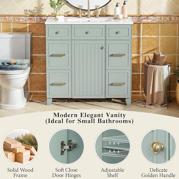 LUMISOL 36" Bathroom Vanity with Ceramic Sink, Modern Bathroom Vanity with 3 Drawers & Soft Close Doors, Solid Wood Bathroom Sink Cabinet with Undermount Basin, Gold Handles (Green)