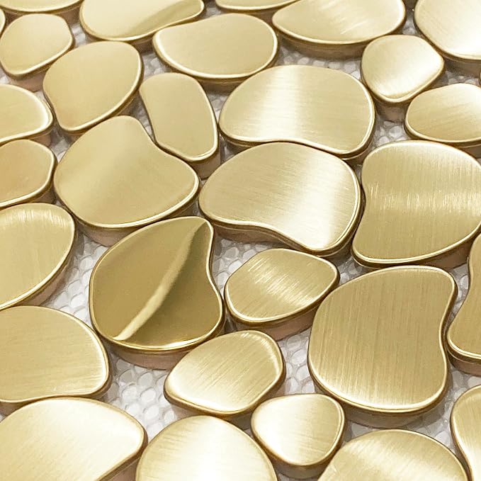 Golden Metal Pebble Mosaic Tiles, 5 Sheets Stainless Steel Backsplash Mesh Mounted, 12×12 Inches Waterproof Metal Tile, Gold Wall Tiles for Kitchen Bathroom Backsplash Shower Stove Backsplash