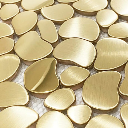Golden Metal Pebble Mosaic Tiles, 5 Sheets Stainless Steel Backsplash Mesh Mounted, 12×12 Inches Waterproof Metal Tile, Gold Wall Tiles for Kitchen Bathroom Backsplash Shower Stove Backsplash