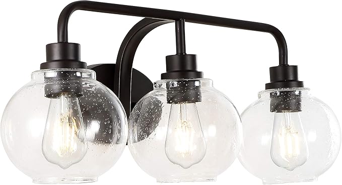 JONATHAN Y 26.25" Oil Rubbed Bronze Farmhouse LED Vanity Light Wall Sconce for Bathroom, Clear Seeded Glass Shade, Industrial Iron Indoor Fixture, LED Bulb Included (JYL7528A)