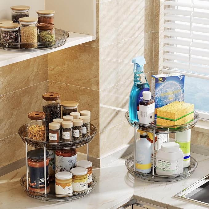 LAMU 2 Pack 2 Tier Lazy Susan Turntable Organizer 9.25'' Rotating Spice Rack Organization for Cabinet, Kitchen, Pantry, Countertop, Bathroom, Vanity, Medicine Cabinet Organizer, Grey