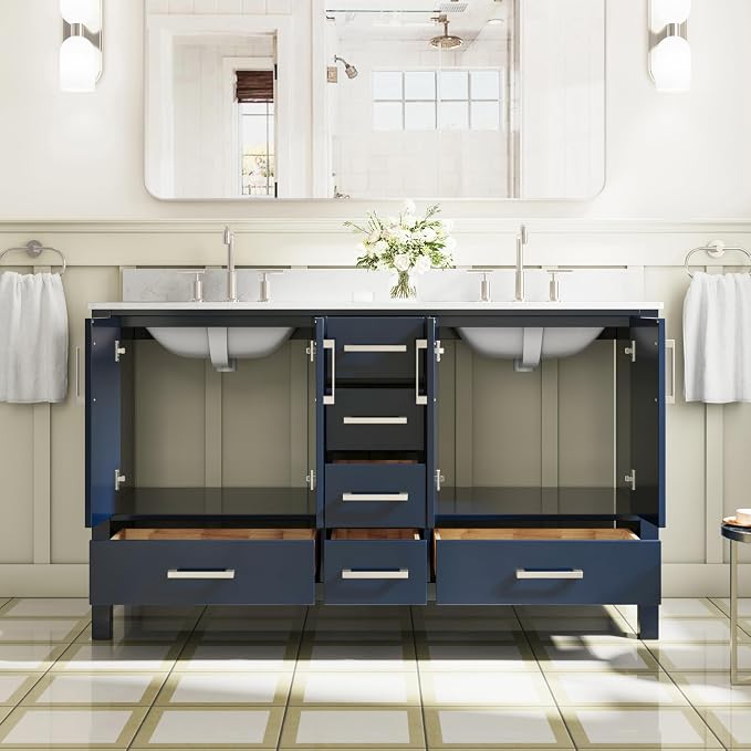 60-Inch Bathroom Vanity with Sink, 4 Soft-Close Doors and 6 Soft-Close Drawers, Bathroom Freestanding Vanity with Cultured Marble Countertop, Navy Blue Vanity with Brushed Nickel Handles