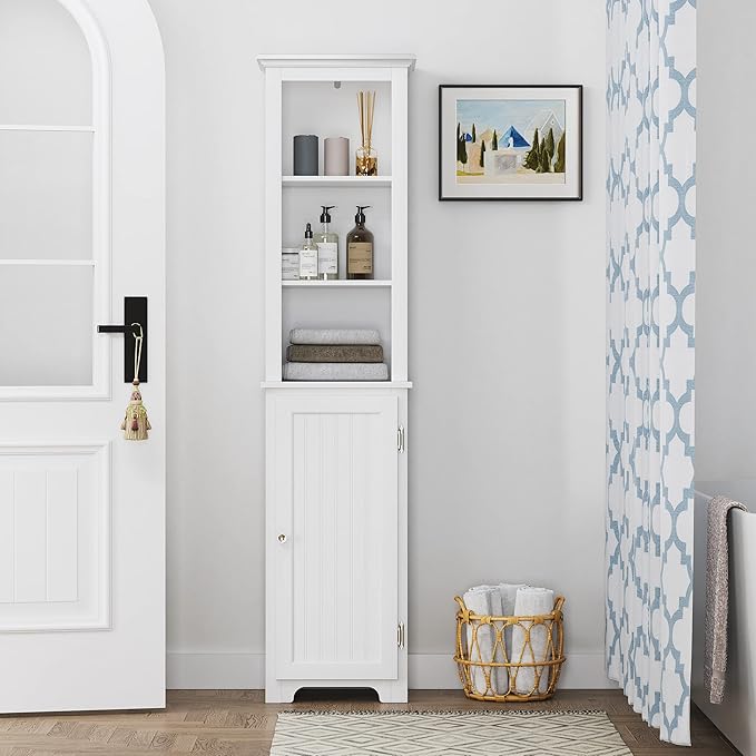 UTEX 64" Freestanding Storage Cabinet, Bathroom Tall Silm Cabinet with Doors and Adjustable Shelves, Free Standing Linen Tower, Home Storage Furniture, White