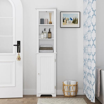UTEX 64" Freestanding Storage Cabinet, Bathroom Tall Silm Cabinet with Doors and Adjustable Shelves, Free Standing Linen Tower, Home Storage Furniture, White