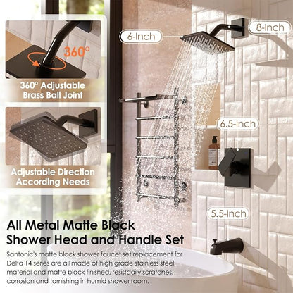 Replacement for Delta Shower Trim Kit 14 Series, Bath Tub Matte Black Shower Faucet Set, 6-Inch Black Shower Head and Handle Set(Valve/Cartridge Not Included)