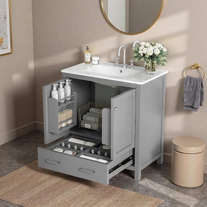 30" Freestanding Bathroom Vanity with Sink, Floor Stand Bathroom Storage Cabinet with Ceramic Sink, Doors with Double-Layered Storage Shelves, Modern Compact Vanity with Divided Drawer, Gray