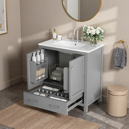 30" Freestanding Bathroom Vanity with Sink, Floor Stand Bathroom Storage Cabinet with Ceramic Sink, Doors with Double-Layered Storage Shelves, Modern Compact Vanity with Divided Drawer, Gray