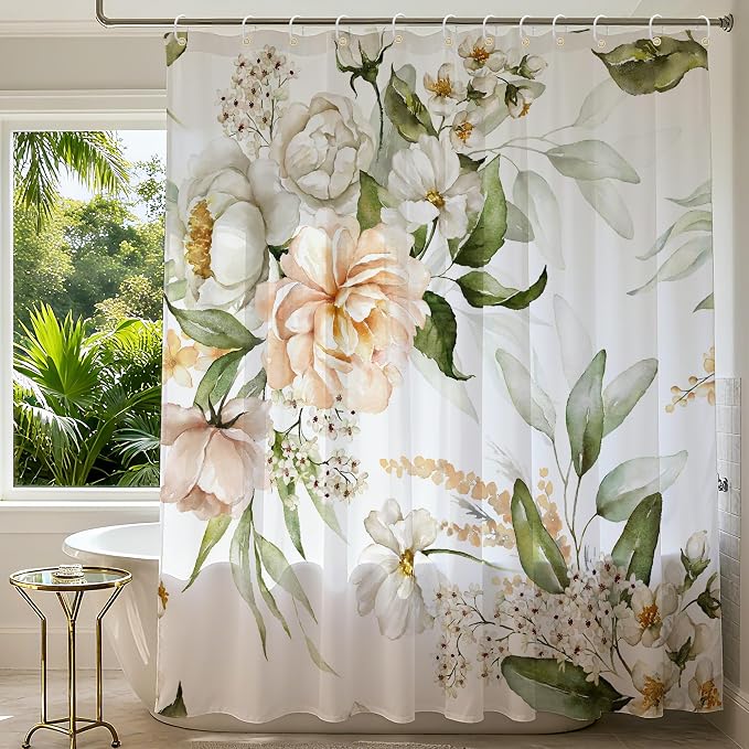 120GSM Floral Flower Shower Curtain, Boho Curtain Set with 12PCS Hooks,Minimalist Watercolor Abstract Bathroom Décor,Flower Bath Curtain for Chic Elegant Bathroom Home Decor,72 x 72 Inch