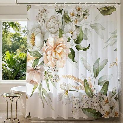 120GSM Floral Flower Shower Curtain, Boho Curtain Set with 12PCS Hooks,Minimalist Watercolor Abstract Bathroom Décor,Flower Bath Curtain for Chic Elegant Bathroom Home Decor,72 x 72 Inch