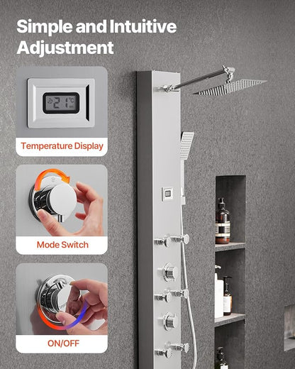 VEVOR Shower Panel Tower System with Rainfall Shower Head, LED, 49 in Brushed Stainless Steel Shower Column, 4-Function Faucet, Wall-Mount Rain Massage System with 6 Body Jets, Handheld, and Tub Spout