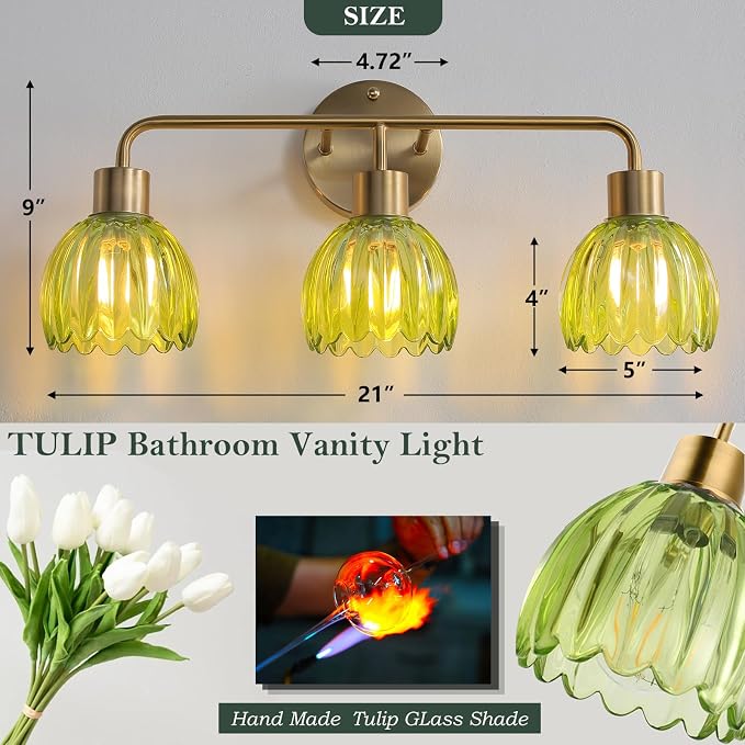 3-Light Gold Brass Bathroom Light Fixture,Wall Sconces,Brushed Gold Vanlity Light Over Mirror,Bathroom Vanity Light with Green Glass Flower Shade,E26 Socket(Bulbs Not Included)