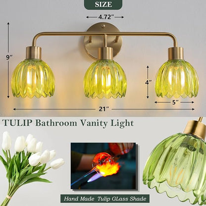 3-Light Gold Brass Bathroom Light Fixture,Wall Sconces,Brushed Gold Vanlity Light Over Mirror,Bathroom Vanity Light with Green Glass Flower Shade,E26 Socket(Bulbs Not Included)