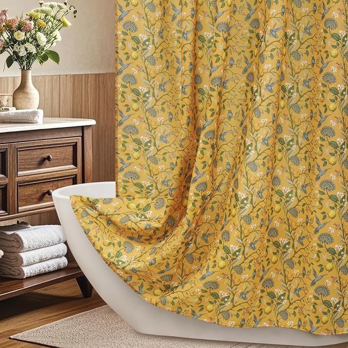 Yellow Floral Bird Shower Curtain 72x84, Hummingbird Jungle Botanical Shower Curtains, Victorian Vintage Farmhouse Chic French Country Style