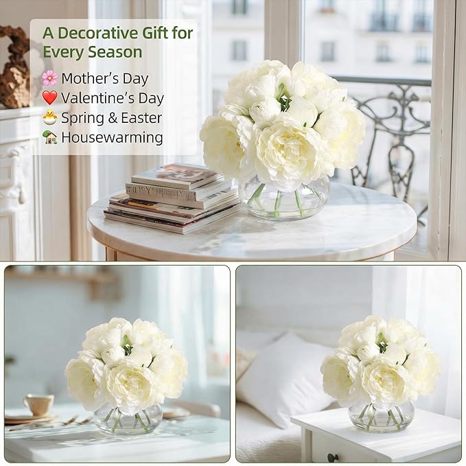 Garvee Artificial Peonies Flowers with Vase, Mixed White Silk Peony Bouquet with Faux Water in Glass Vase, Lifelike Fake Peonies Floral Arrangement for Table Centerpiece, Wedding, Party, Home Decor