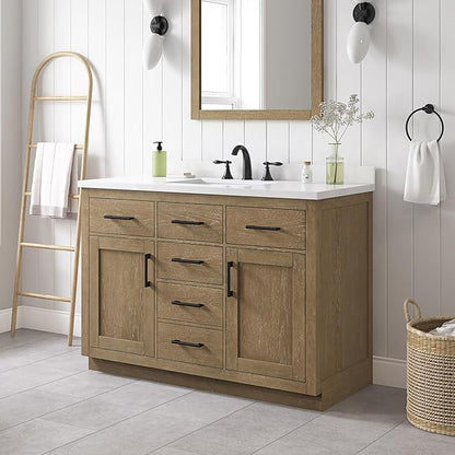 OVE Decors Bailey 48 in. Single Sink Freestanding Driftwood Oak Bathroom Vanity with White Quartz Top, Matching Backsplash and Power Bar