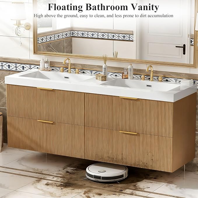 60" Bathroom Vanity with Sink Combo, Floating Double Sink Bathroom Vanity with SMC Resin Top, MDF Cabinet with 4 Drawer, Wall-Mounted Bath Room Vanities for Large Bathrooms (60''-Wood-4)