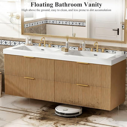 60" Bathroom Vanity with Sink Combo, Floating Double Sink Bathroom Vanity with SMC Resin Top, MDF Cabinet with 4 Drawer, Wall-Mounted Bath Room Vanities for Large Bathrooms (60''-Wood-4)