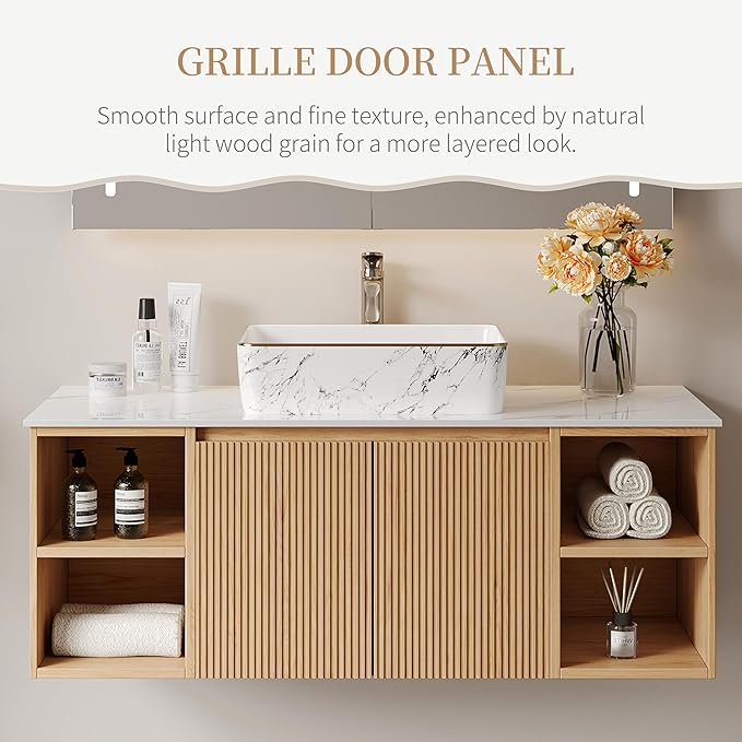 48" Floating Bathroom Vanity with Sink, Modern Vanity Cabinet with Sintered Stone Countertop, Wall Mount Bathroom Sink with Storage, Ceramic Basin, Light Wood
