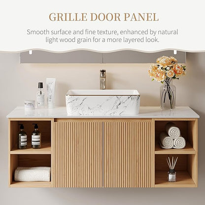 48" Floating Bathroom Vanity with Sink, Modern Vanity Cabinet with Sintered Stone Countertop, Wall Mount Bathroom Sink with Storage, Ceramic Basin, Light Wood