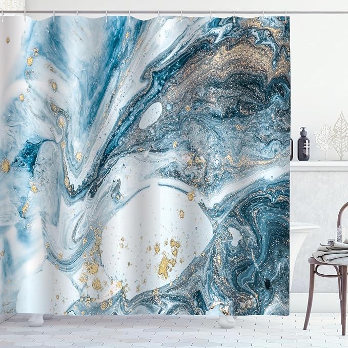 Blue Marble Shower Curtain Abstract Modern Ink Art Shower Curtains for Bathroom Waterproof Polyester Fabric Bathroom Curtain 72 x 72 Inch with 12 Hooks