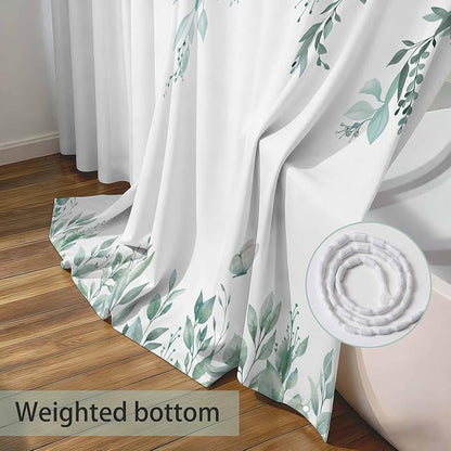 Teal Floral Eucalyptus Shower Curtain with Hooks, 72x72 Inch | Waterproof Fabric, Watercolor Leaves and Floral, Botanical Style, Machine Washable, Quick-Drying, for Hotel Bathroom