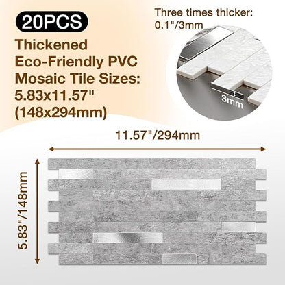 Peel and Stick Backsplash Tile Waterproof Removable PVC Wall Sticker 3D Faux Stone Marble Brick White Accent Panels (Matte Gray Stone - Metal Silver, 20 Tiles - 9 sq. ft. (0.84 M²))
